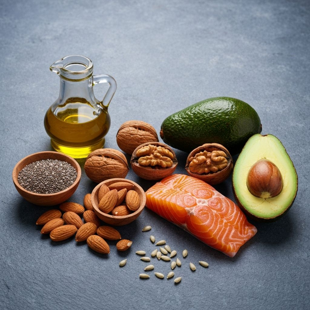 Zdravstvene masti: maslinsko ulje, orašasti plodovi, avokado i druga masna hrana na kamenskoj podlozi