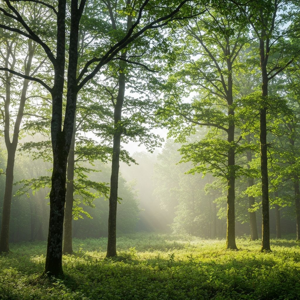 Miran prirodni pejzaž sa šumom i svetlom koja se filtrira kroz lišće, simbolizujući svesnost i mir