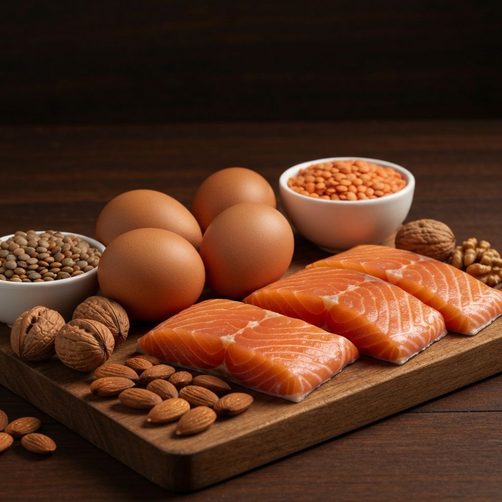 Fotografija bogatih proteinima namirnica: jaja, riba, leguminoza i orašasti plodovi na drvenom stolu